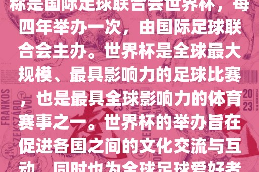 世界杯是一项国际足球赛事，全称是国际足球联合会世界杯，每四年举办一次，由国际足球联合会主办。世界杯是全球最大规模、最具影响力的足球比赛，也是最具全球影响力的体育赛事之一。世界杯的举办旨在促进各国之间的文化交流与互动，同时也为全球足球爱好者带来一场精彩的足球盛宴。漯河市盈旭机械设备有限公司