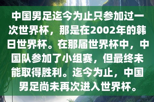 中国男足迄今为止只参加过一次世界杯，那是在2002年的韩日世界杯。在那届世界杯中，中国队参加了小组赛，但最终未能取得胜利。迄今为止，中国男足尚未再次进入世界杯。