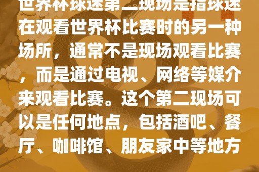 世界杯球迷第二现场是指球迷在观看世界杯比赛时的另一种场所，通常不是现场观看比赛，而是通过电视、网络等媒介来观看比赛。这个第二现场可以是任何地点，包括酒吧、餐厅、咖啡馆、朋友家中等地方。漯河市盈旭机械设备有限公司