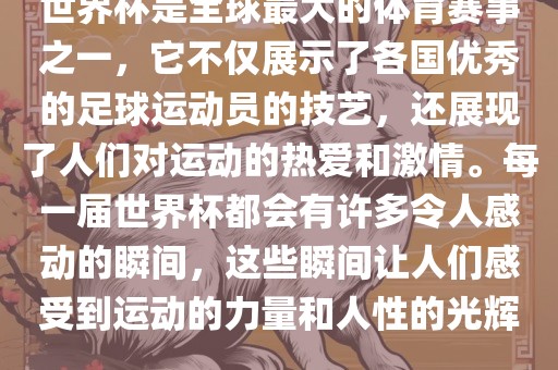 世界杯是全球最大的体育赛事之一，它不仅展示了各国优秀的足球运动员的技艺，还展现了人们对运动的热爱和激情。每一届世界杯都会有许多令人感动的瞬间，这些瞬间让人们感受到运动的力量和人性的光辉。