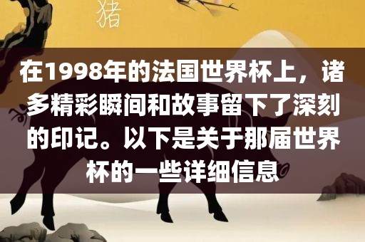 在1998年的法国世界杯上，诸多精彩瞬间和故事留下了深刻的印记。以下是关于那届世界杯的一些详细信息漯河市盈旭机械设备有限公司