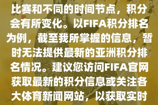 关于世界杯亚洲积分，不同的比赛和不同的时间节点，积分会有所变化。以FIFA积分排名为例，截至我所掌握的信息，暂时无法提供最新的亚洲积分排名情况。建议您访问FIFA官网获取最新的积分信息或关注各大体育新闻网站，以获取实时的世界杯亚洲积分排名。