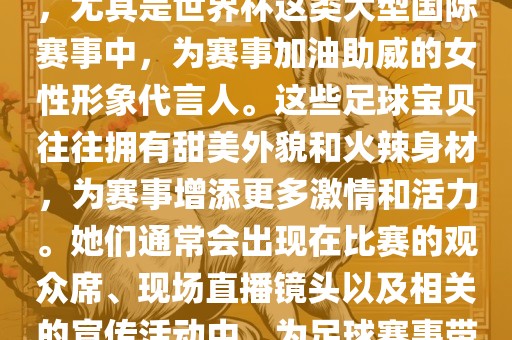 足球宝贝指的是在足球赛事中，尤其是世界杯这类大型国际赛事中，为赛事加油助威的女性形象代言人。这些足球宝贝往往拥有甜美外貌和火辣身材，为赛事增添更多激情和活力。她们通常会出现在比赛的观众席、现场直播镜头以及相关的宣传活动中，为足球赛事带来了更多的关注度和话题性。