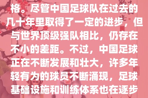 在迄今为止的世界杯足球比赛中，中国队并未获得过参赛资格。尽管中国足球队在过去的几十年里取得了一定的进步，但与世界顶级强队相比，仍存在不小的差距。不过，中国足球正在不断发展和壮大，许多年轻有为的球员不断涌现，足球基础设施和训练体系也在逐步完善。因此，未来中国队仍有可能进入世界杯。