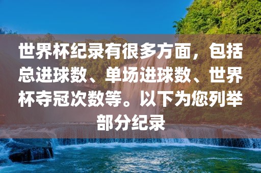 世界杯纪录有很多方面，包括总进球数、单场进球数、世界杯夺冠次数等。以下为您列举部分纪录漯河市盈旭机械设备有限公司