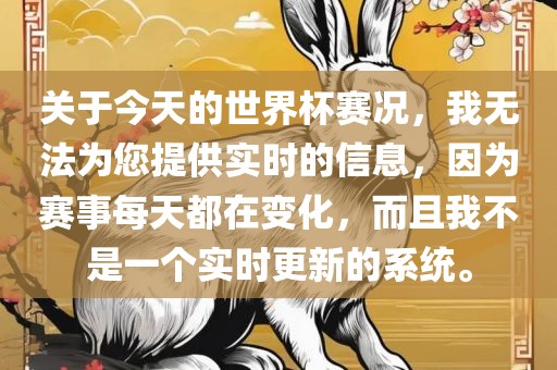 关于今天的世界杯赛况，我无法为您提供实时的信息，因为赛事每天都在变化，而且我不是一个实时更新的系统。
