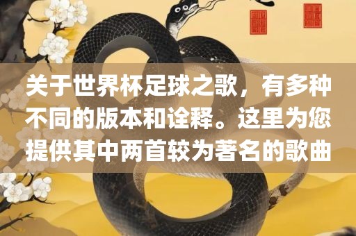 关于世界杯足球之歌，有多种不同的版本和诠释。这里为您提供其中两首较为著名的歌曲