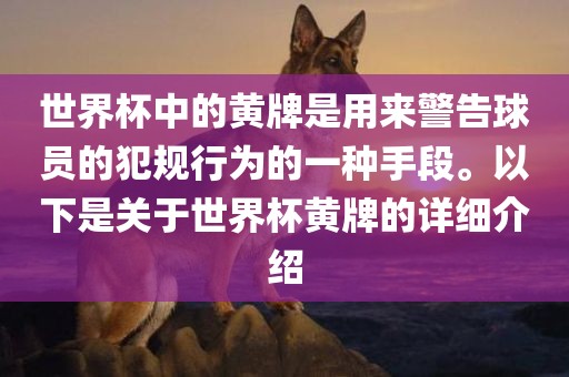 世界杯中的黄牌是用来警告球员的犯规行为的一种手段。以下是关于世界杯黄牌的详细介绍漯河市盈旭机械设备有限公司