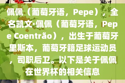 佩佩（葡萄牙语，Pepe），全名凯文·佩佩（葡萄牙语，Pepe Coentr?o），出生于葡萄牙里斯本，葡萄牙籍足球运动员，司职后卫。以下是关于佩佩在世界杯的相关信息漯河市盈旭机械设备有限公司