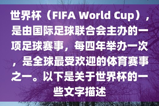 世界杯（FIFA World Cup），是由国际足球联合会主办的一项足球赛事，每四年举办一次，是全球最受欢迎的体育赛事之一。以下是关于世界杯的一些文字描述