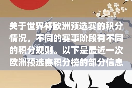 关于世界杯欧洲预选赛的积分情况，不同的赛事阶段有不同的积分规则。以下是最近一次欧洲预选赛积分榜的部分信息