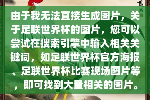 由于我无法直接生成图片，关于足联世界杯的图片，您可以尝试在搜索引擎中输入相关关键词，如足联世界杯官方海报、足联世界杯比赛现场图片等，即可找到大量相关的图片。